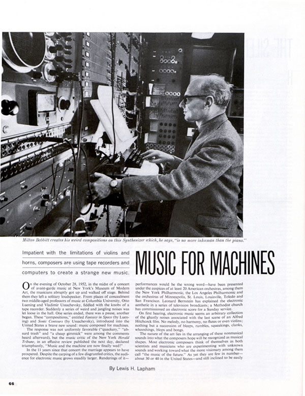 First page for the article, "Music for Machins"