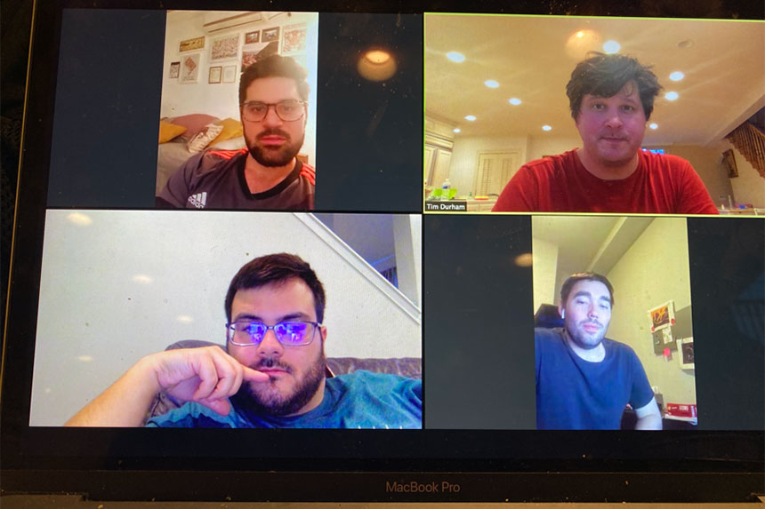 Tim Durham and friends hold a virtual meeting over Zoom.