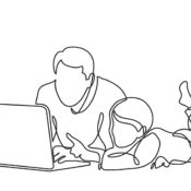 Line art of a father and child at a laptop computer