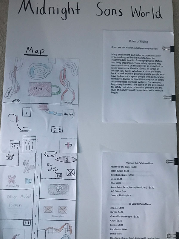 An example of a custom theme park plan arranged on a whiteboard.