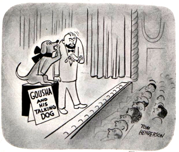 A dog speaks to his owner during a talking dog act on stage