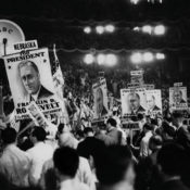 People cheering at a rally for FDR