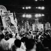 People cheering at a rally for FDR