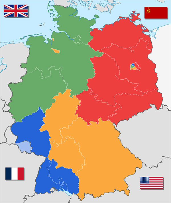 Map depicting Germany divided into different zones controlled by the Allied forces.