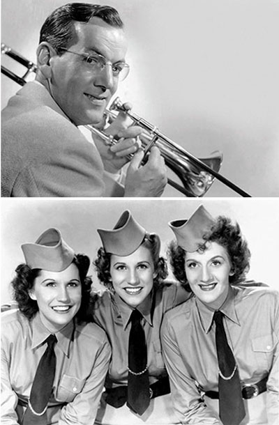 Promotional images of World War II-era performers, Glenn Miller and the Andrew Sisters.