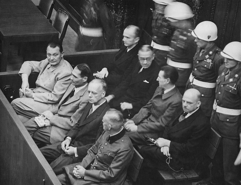Nazi leaders, including Herman Göring, sit during the Nuremberg Trials