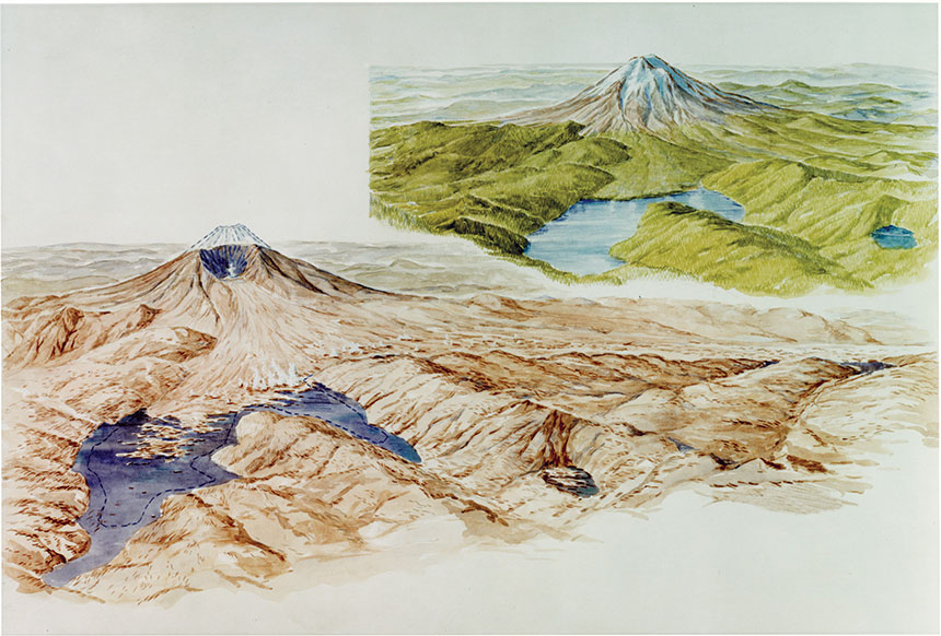 Artist conception of what Mount St. Helens looked like before it erupted, and afterwards.