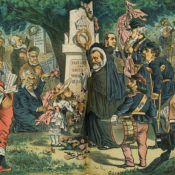 Political cartoon showing the origins of Decoration Day