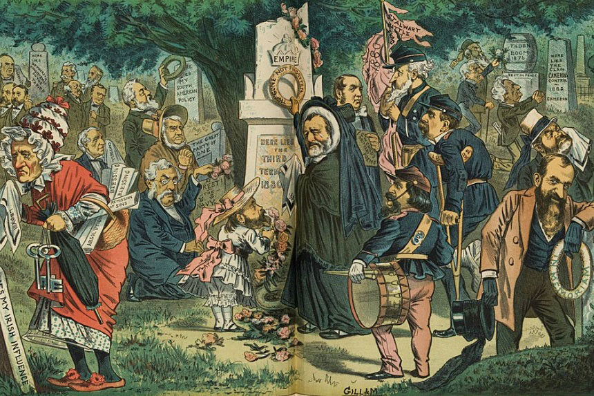 Political cartoon showing the origins of Decoration Day