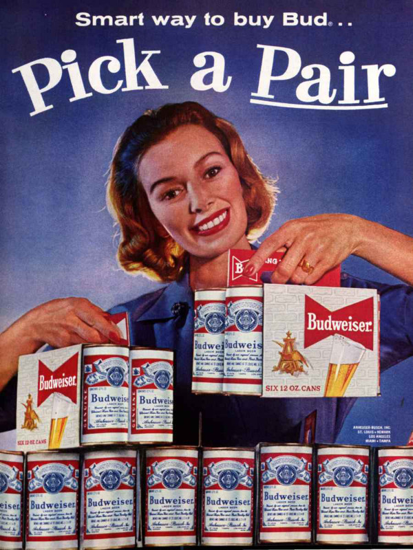 Budweiser ad showing a smiling woman holding two cases of beer.