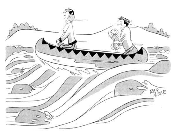 Woman singing "Row, Row, Row Your Boat" as she and her partner navigate through rapids in a canoe