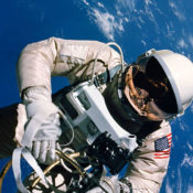 Ed White in his space suit making his historic spacewalk
