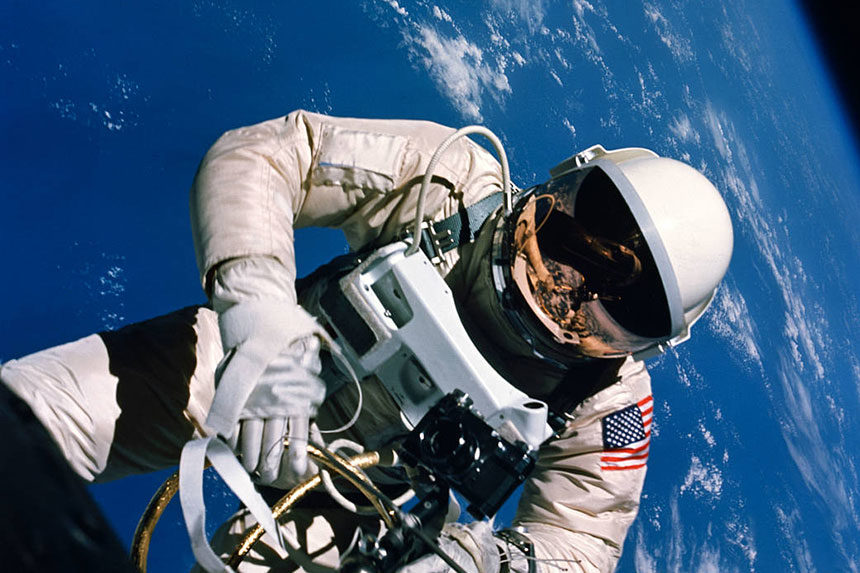 Ed White in his space suit making his historic spacewalk