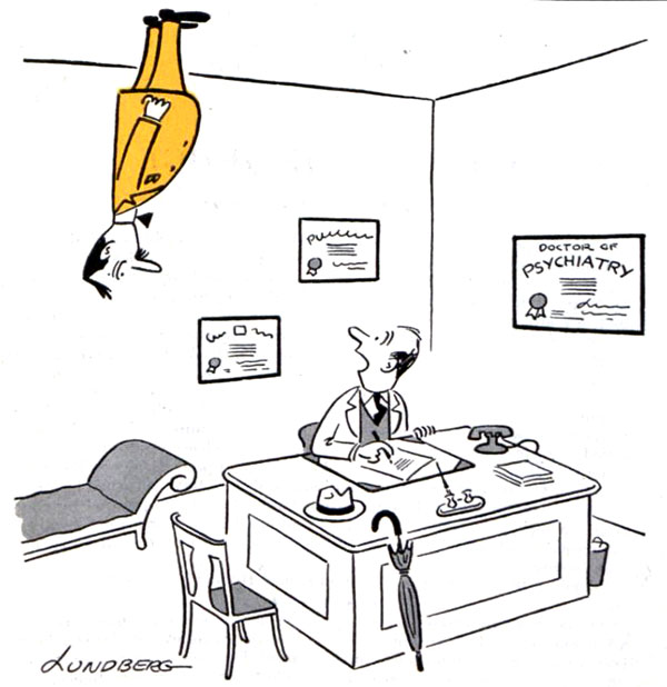 Man stands on the ceiling of his psychiatrist's office