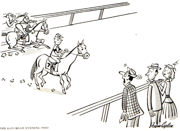 Cartoon of a race horse leaving a race towards a spectator who was calling its name.