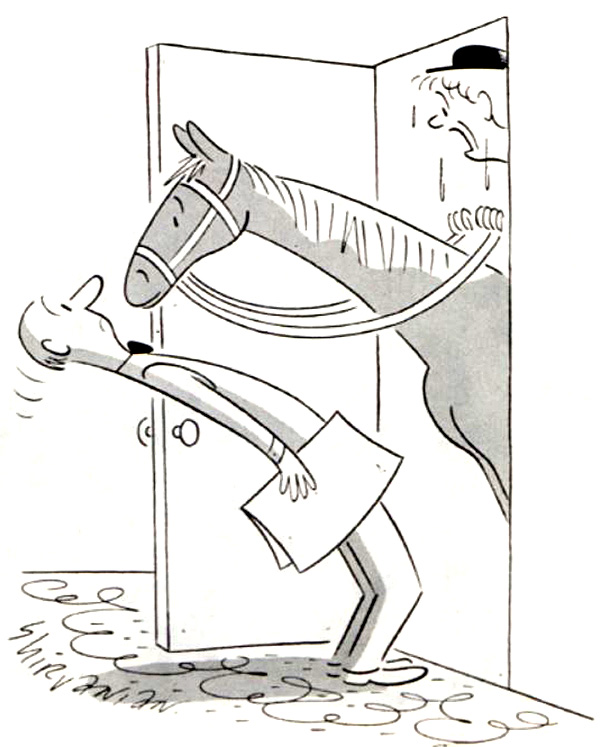 Cartoon of a jockey on horsback, asking a man if he knows the way to the horse acadamy.