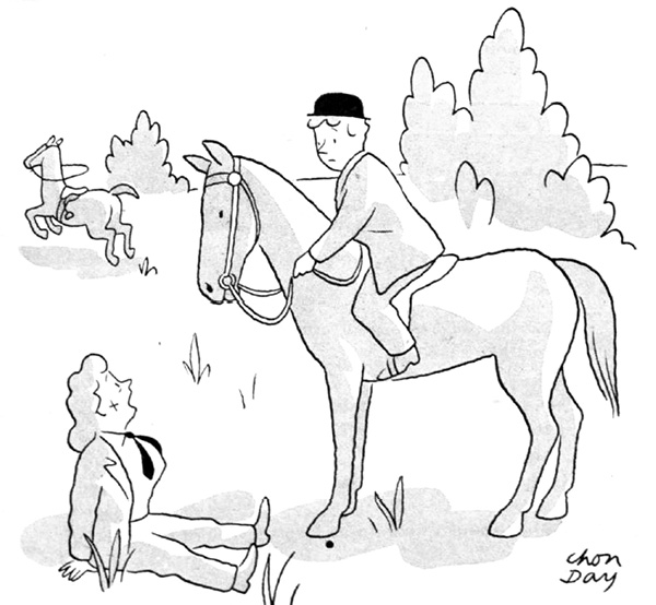 Cartoon of a rider after she was thrown by her horse.