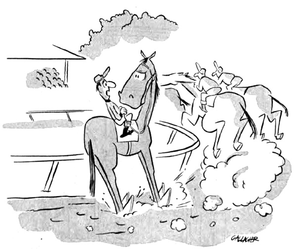Cartoon of a horse stopping during a race to glare at its jockey