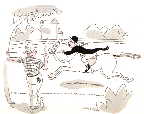 Cartoon of a rider on a runaway horse, asking a trainer if he has any tips on how to control it.