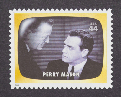 Stamp featuring a screenshot from the vintage television drama Perry Mason.
