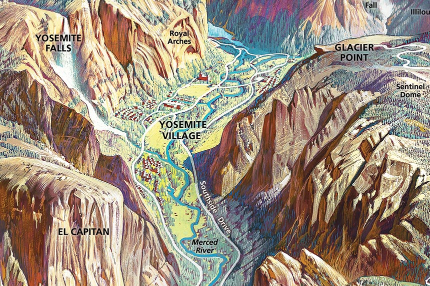 Detailed labels on a map of Yosemite