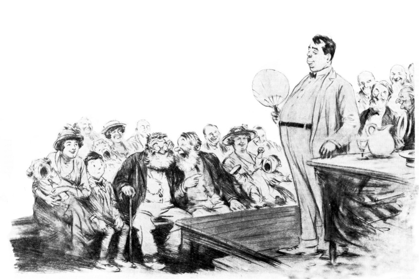 Cartoon of a man giving a speech