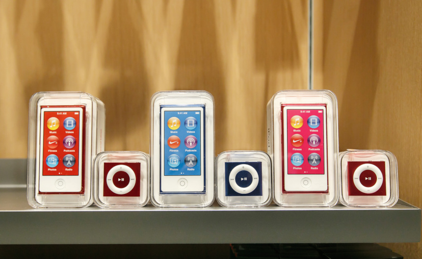 A collection of iPod Nanos and Shuffles on display in Manhattan in 2017.