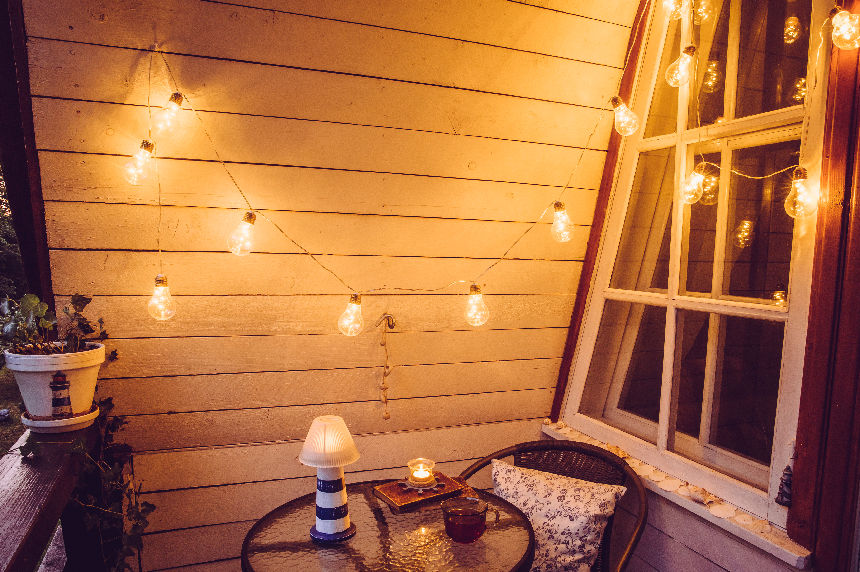 Lights on an outdoor balcony