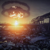 Nuclear weapon explodes over city ruins