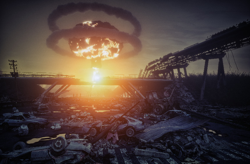 Nuclear weapon explodes over city ruins