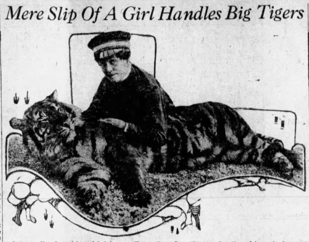 Newspaper photo of circus performer Mabel Stark with one of her trained tigers.