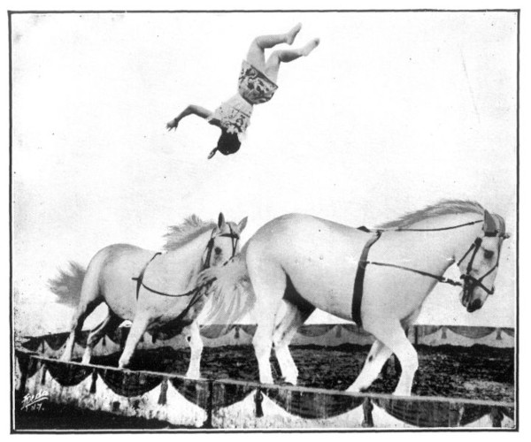 Photo of Australian circus performer May Wirth doing a somersault from one horse to another.