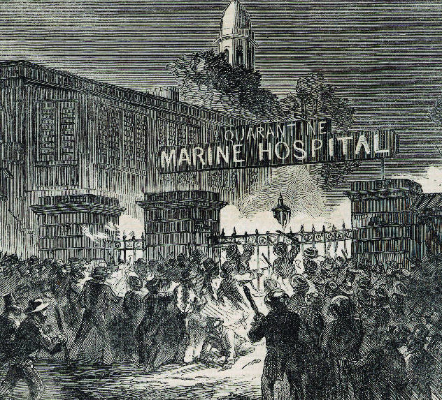 Rioters set fire to the Marine hospital in New York City, in 1858