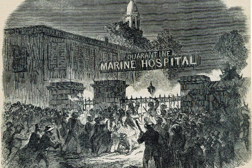 Rioters set fire to the Marine hospital in New York City, in 1858
