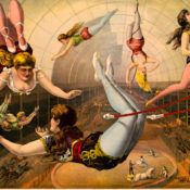 Illustration of women circus performers doing acrobatics above a crowd during an event.