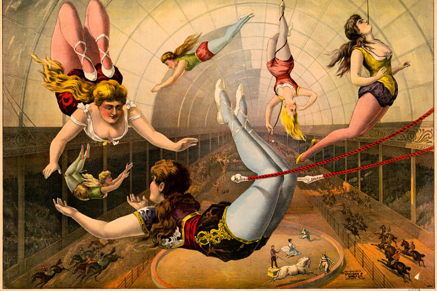 Illustration of women circus performers doing acrobatics above a crowd during an event.