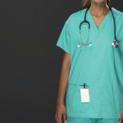 Woman in hospital scrubs