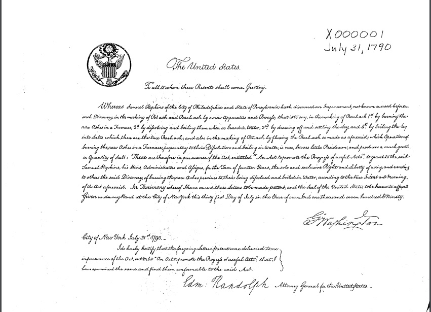 Handwritten patent granted by the United States