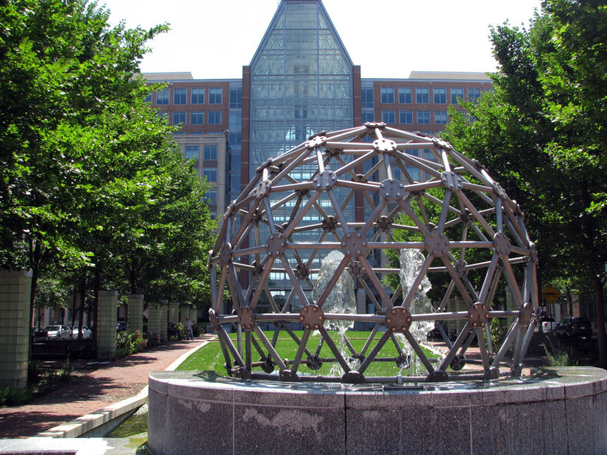 Photo of a sculpture outside the U.S. Parent and trademark Office building in Alexandria, VA