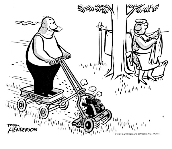 Man using a wagon to carry him as he uses a lawn mower