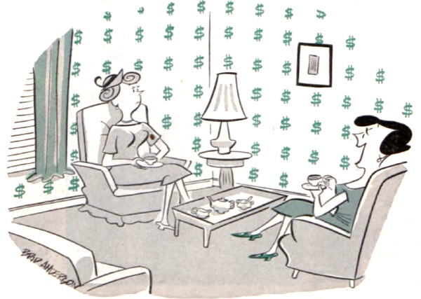 Two women sit in a room with wallpaper that has dollar signs on it.