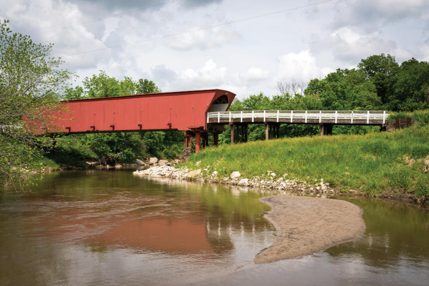 Covered bridge over a river in Iowa