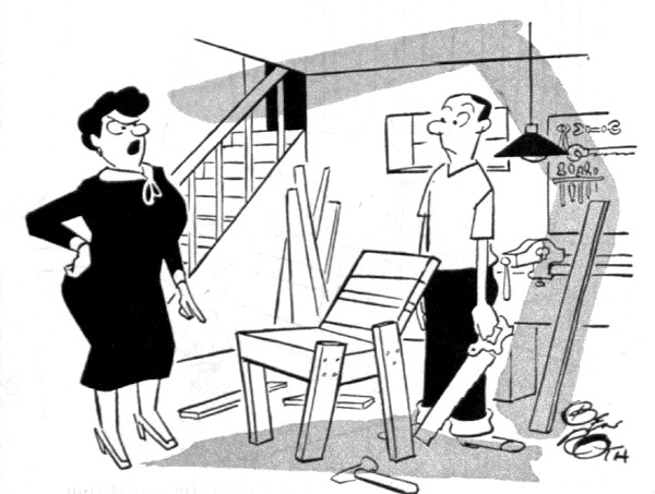 A woman tells her husband to keep the awful chair he made in the basement.