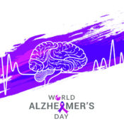 Banner with a brain, an EKG graph, and the words "World Alzheimer's Day"