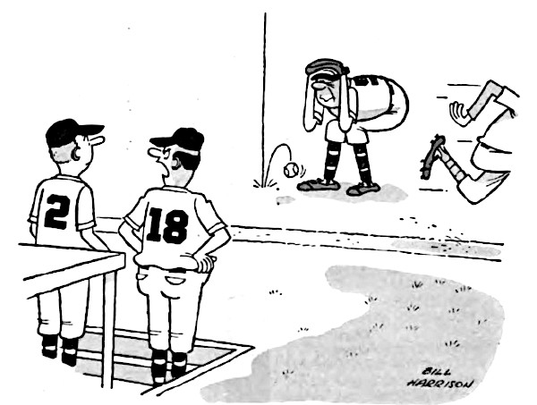A baseball cartoon where a pair of players remark on a cowering teammate.