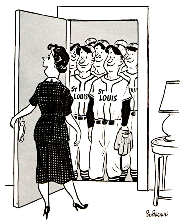 A baseball cartoon, where an entire baseball team arrives at a couple's apartment door.