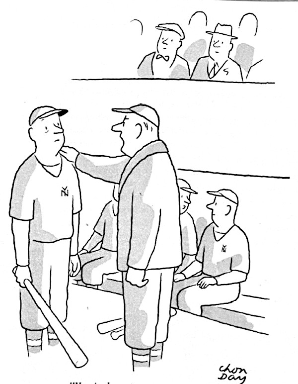 A baseball cartoon, where a coach is giving instructions to his on-deck batter.