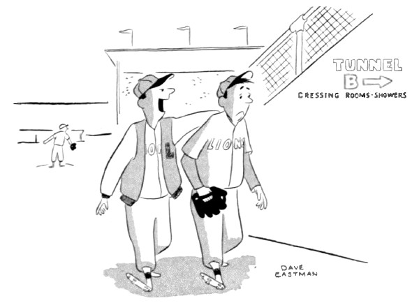 A baseball cartoon, depicting a failing pitcher being led away from the field by his coach.