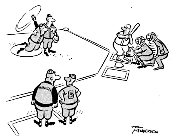 A baseball cartoon, where a tired pitcher is being propped up by a teammate.