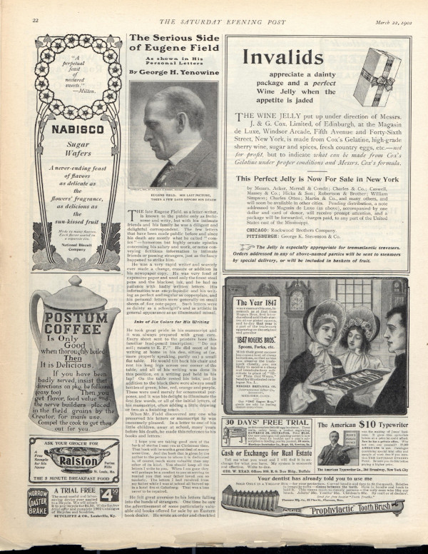 The page from the Saturday Evening Post that contains the article "The Serious Side of Eugene Field"